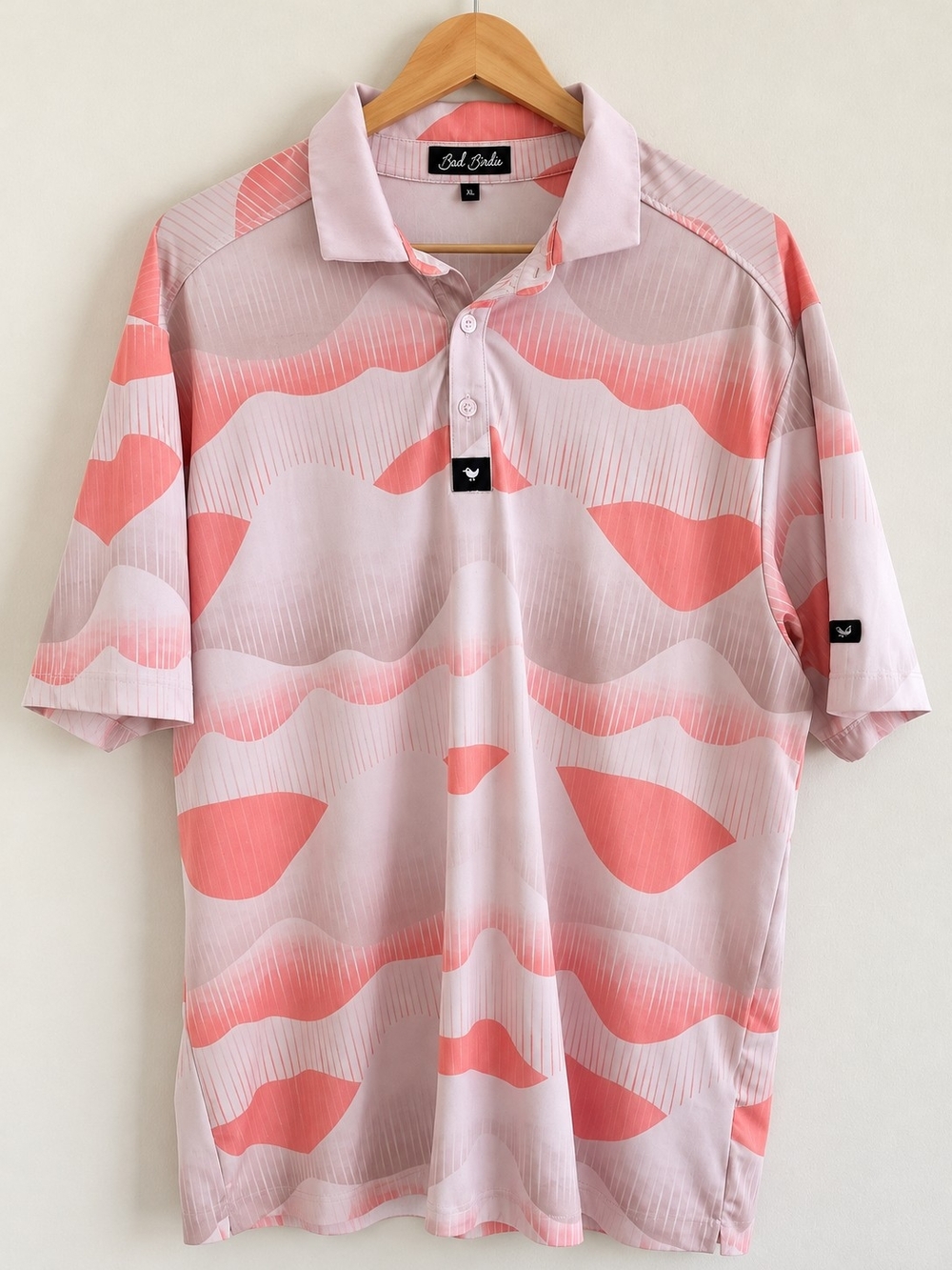 Bad Birdie Men's Large Pink Coral Abstract Camo Golf Polo